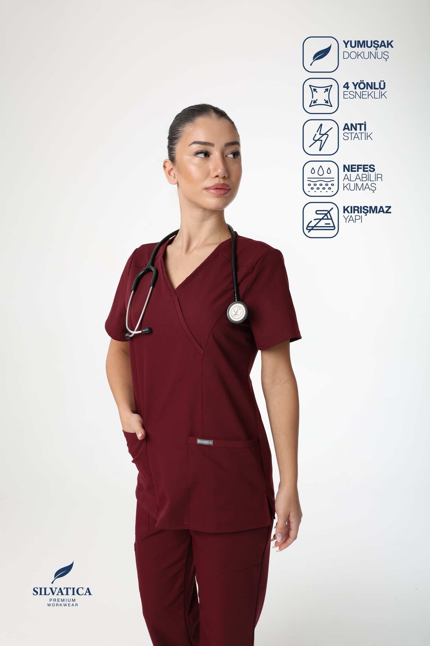 Silvatica Marfa® Kadın V Yaka Üst – Burgundy | Premium