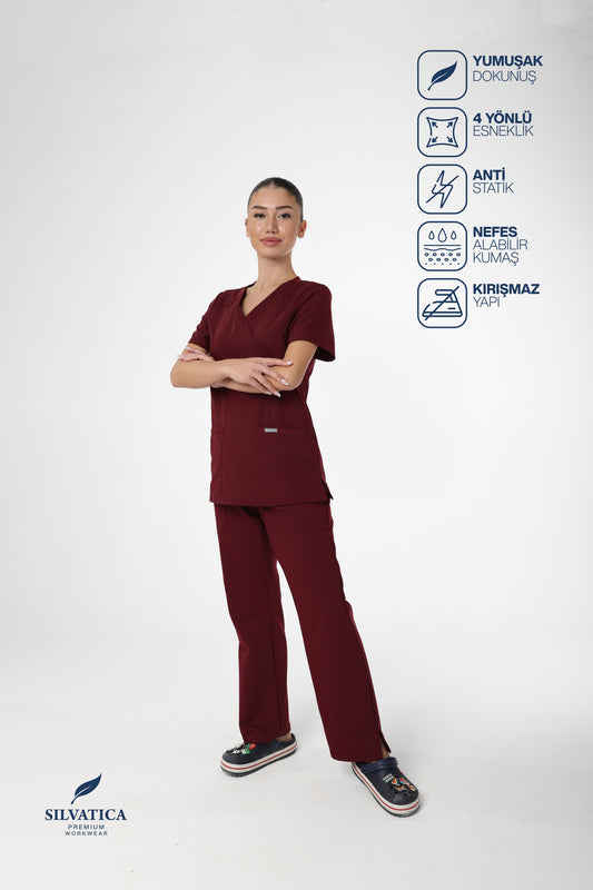Silvatica Marfa® Kadın Medikal Pantolon – Burgundy Petite & Regular | Premium Scrubs Alt