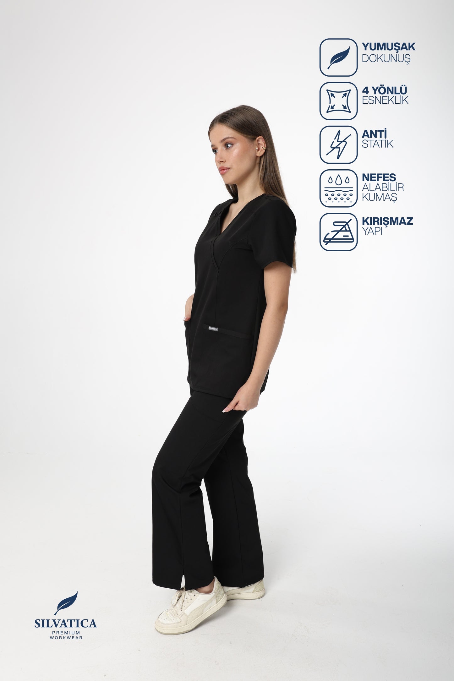 Silvatica Marfa® Kadın Medikal Pantolon – Black Petite & Regular | Premium Scrubs Alt