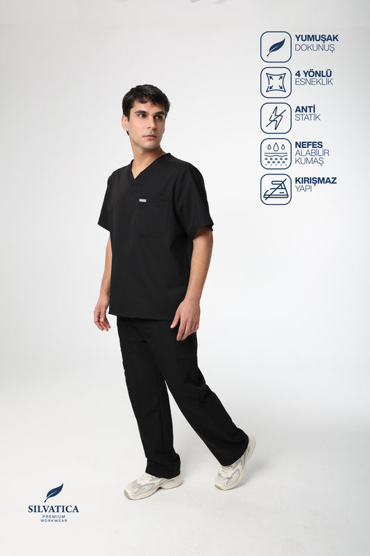 Silvatica Ares ® Erkek Medikal Pantolon – Black Petite & Regular | Premium Scrubs Alt