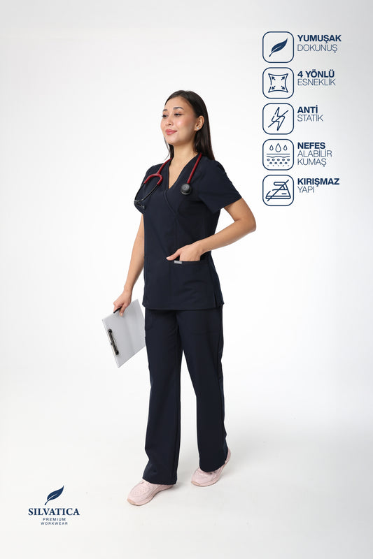 Silvatica Marfa® Kadın Medikal Pantolon – Navy Blue Petite & Regular | Premium Scrubs Alt