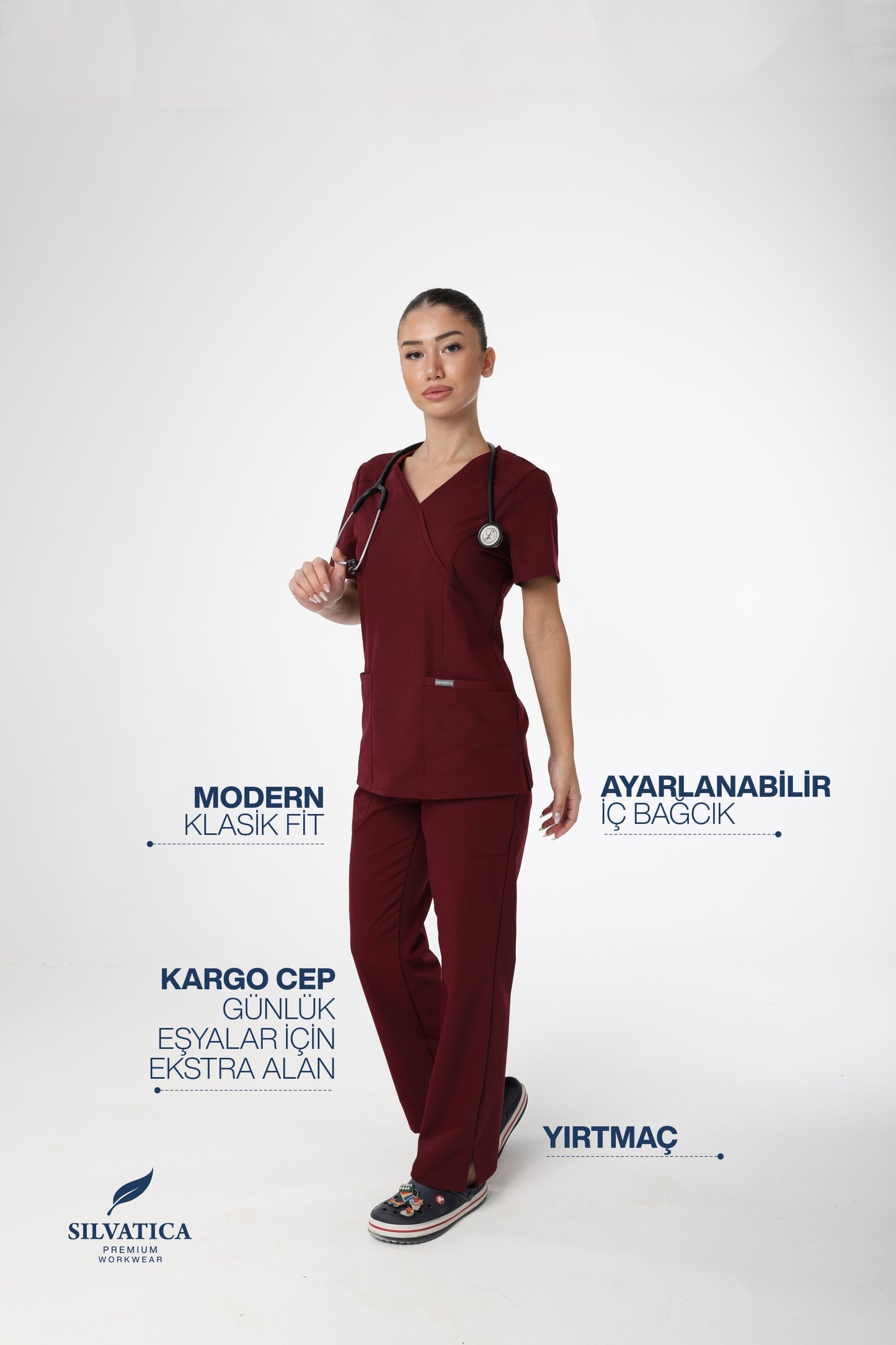 Silvatica Marfa® Kadın Medikal Pantolon – Burgundy Petite & Regular | Premium Scrubs Alt