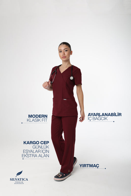 Silvatica Marfa® Kadın Medikal Pantolon – Burgundy Petite & Regular | Premium Scrubs Alt