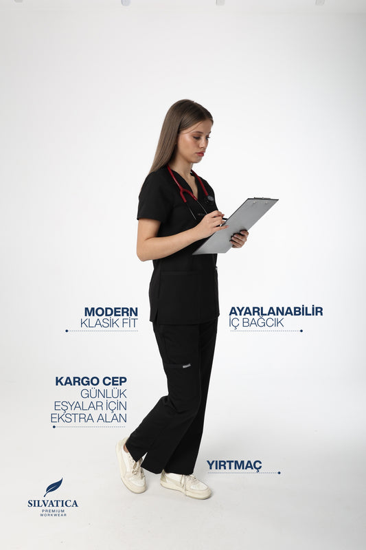 Silvatica Marfa® Kadın Medikal Pantolon – Black Petite & Regular | Premium Scrubs Alt