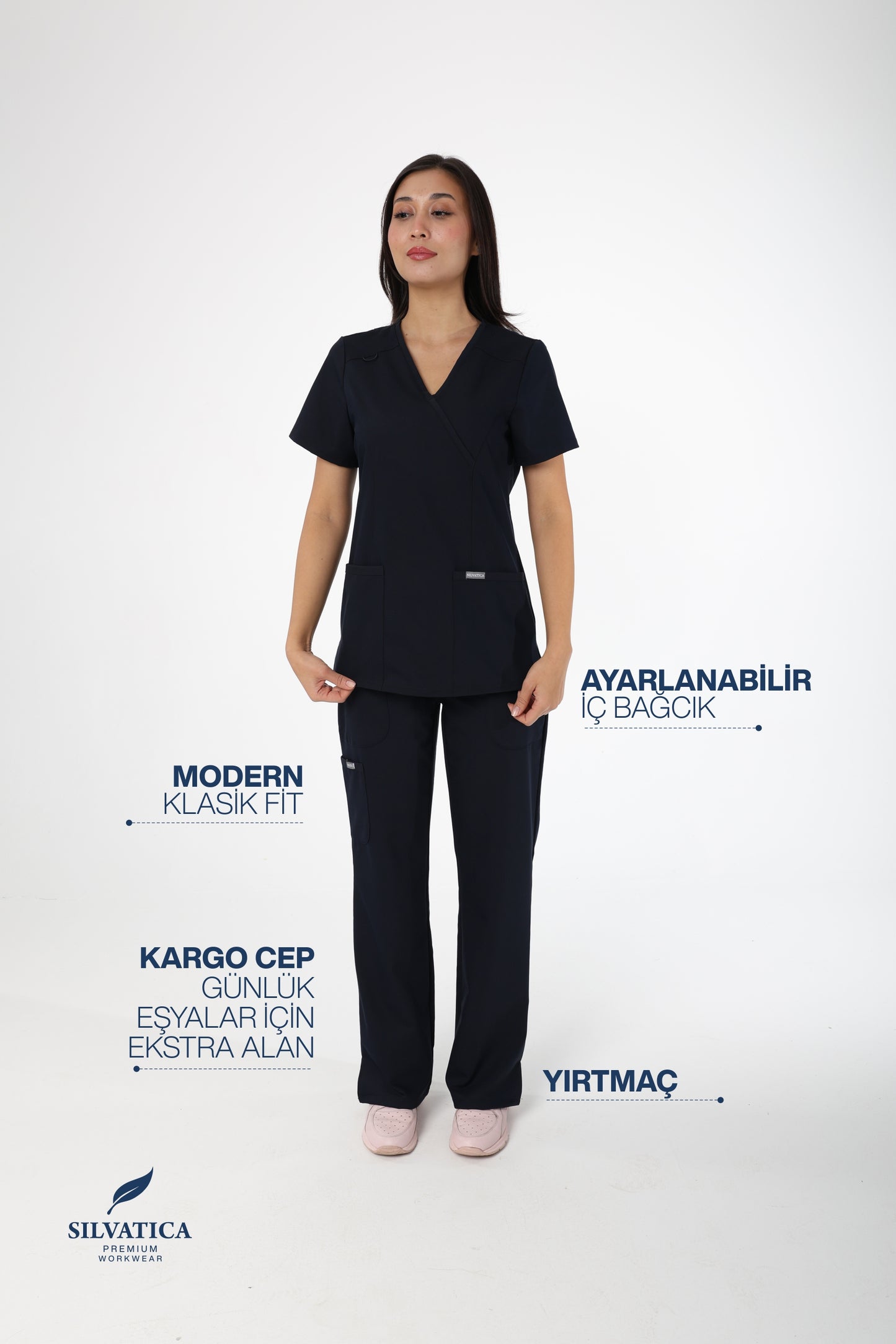Silvatica Marfa® Kadın Medikal Pantolon – Navy Blue Petite & Regular | Premium Scrubs Alt