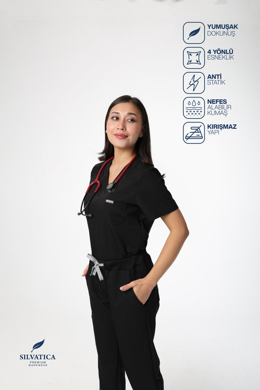 Silvatica Luna® Kadın V Yaka Scrub Üst – Black | Premium Tailored Fit
