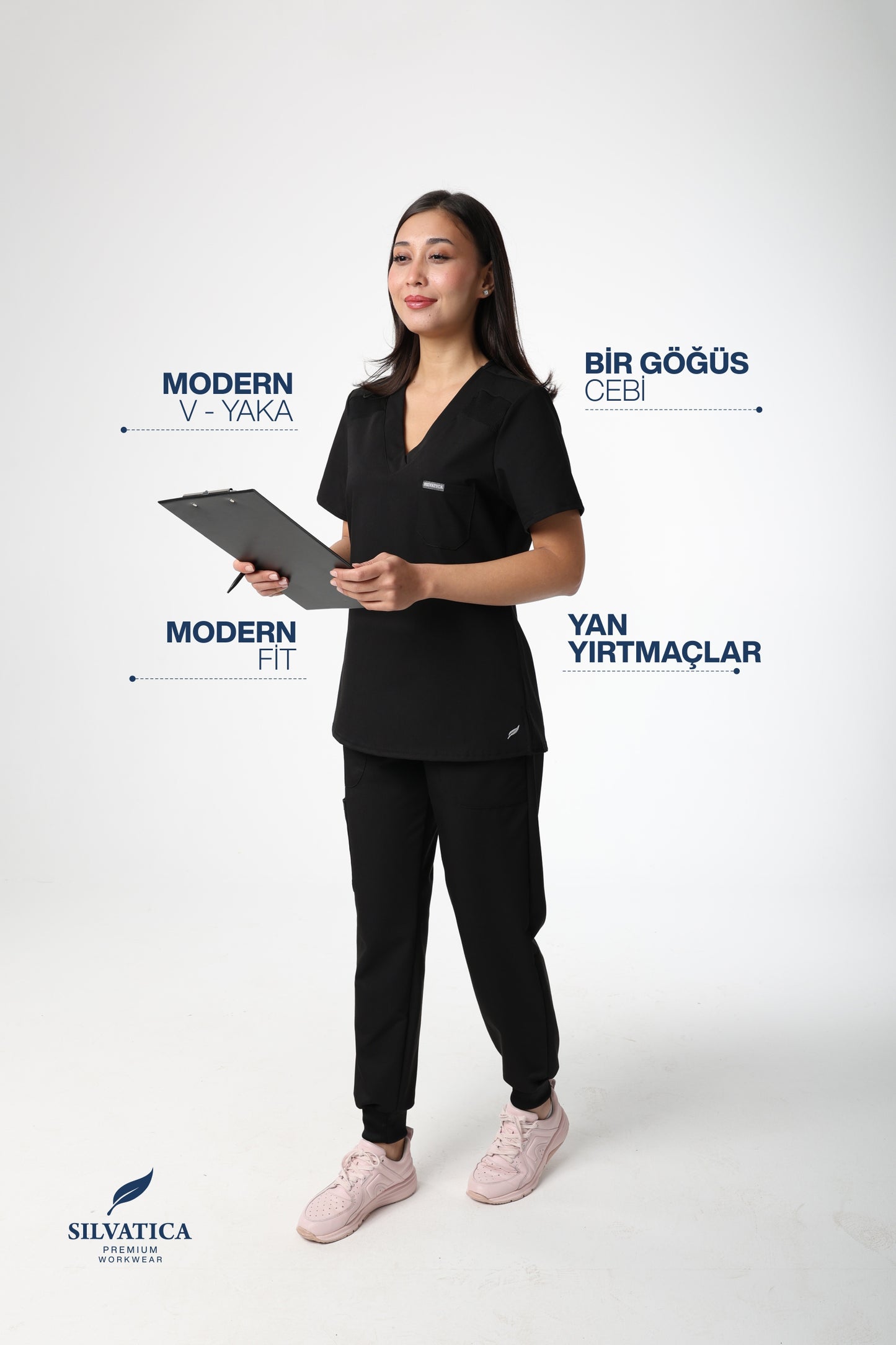 Silvatica Luna® Kadın V Yaka Scrub Üst – Black | Premium Tailored Fit