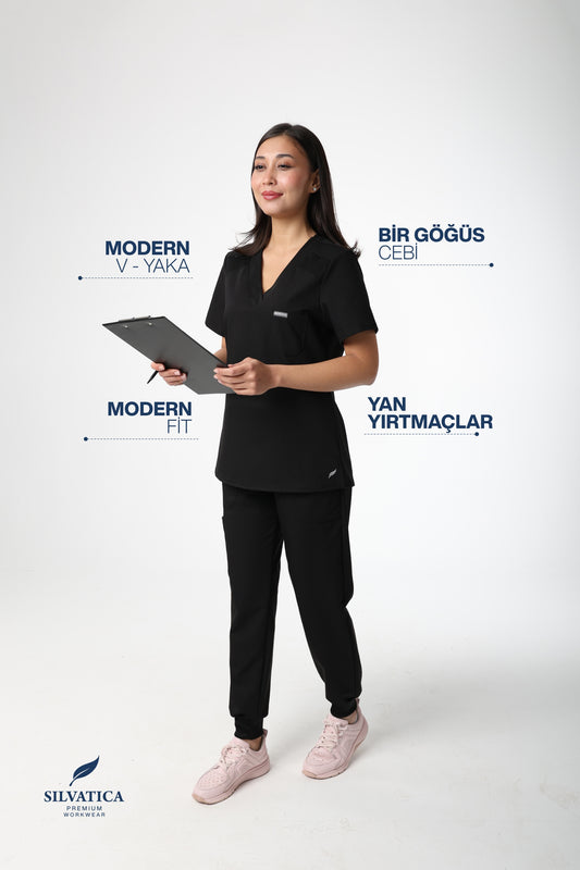 Silvatica Luna® Kadın V Yaka Scrub Üst – Black | Premium Tailored Fit