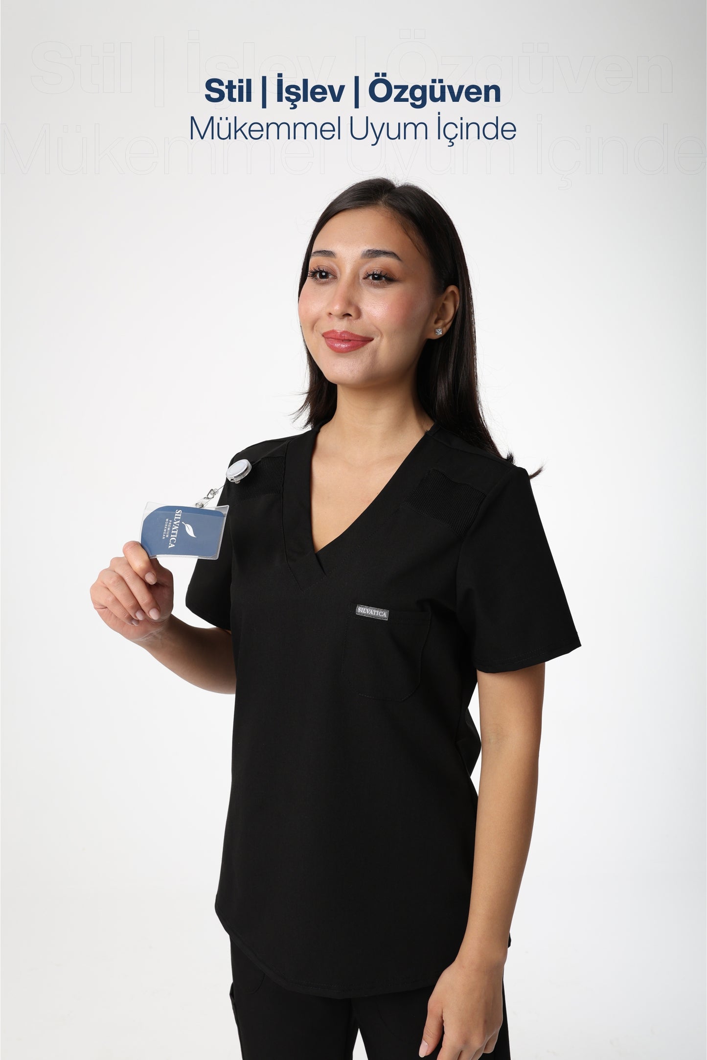 Silvatica Luna® Kadın V Yaka Scrub Üst – Black | Premium Tailored Fit