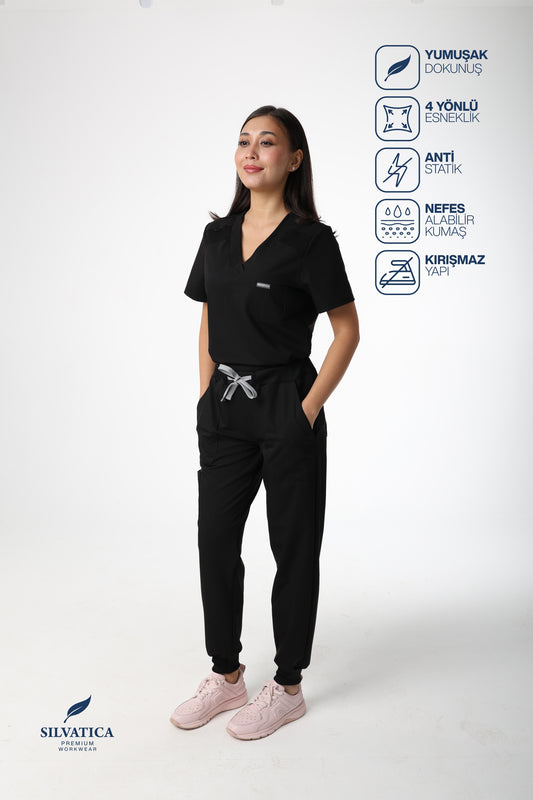 Silvatica Luna® Kadın Jogger Scrub Pantolon – Black, Petite & Regular | Premium Tailored Fit